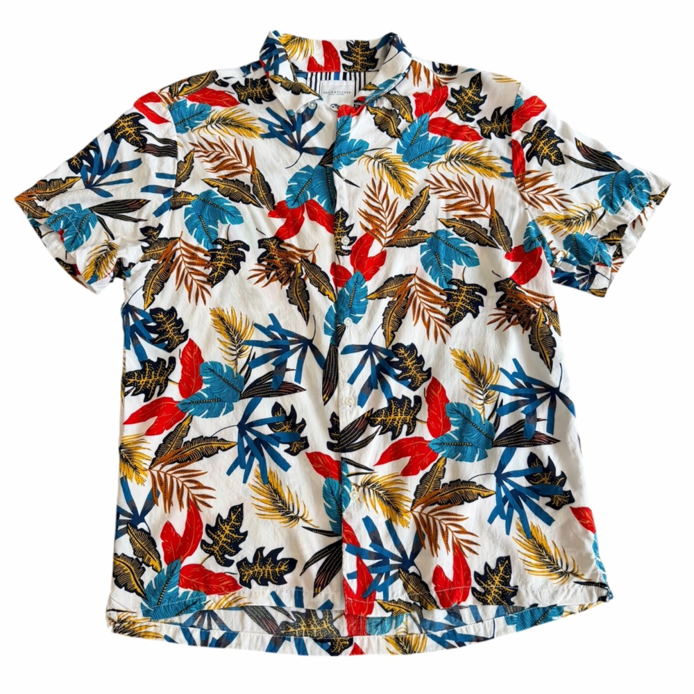 Denim & Flower White Short-Sleeve Tropical Print Shirt -‎ Red Blue Yellow Brown
